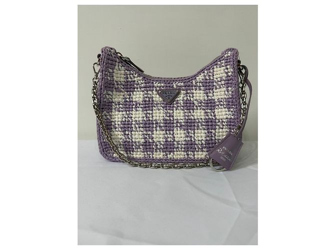 Prada Re-Edition 2005 Raffia-Tasche Karo-Muster Weiß Lila - Ansicht 3