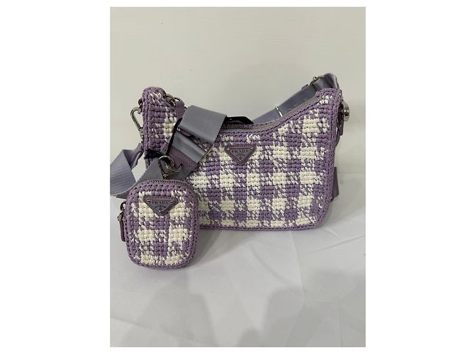 Prada Re-Edition 2005 Raffia-Tasche Karo-Muster Weiß Lila - Ansicht 4
