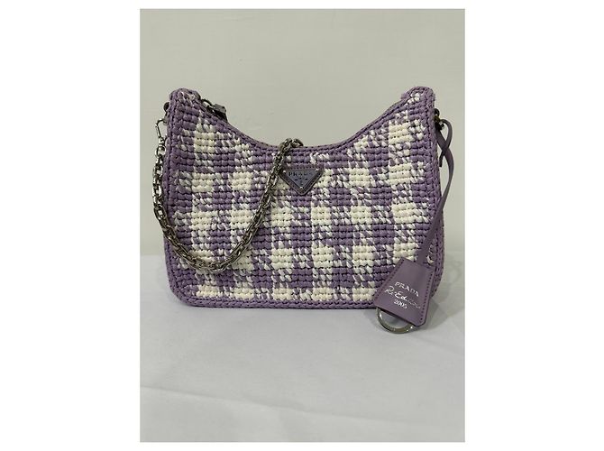 Prada Re-Edition 2005 Raffia-Tasche Karo-Muster Weiß Lila - Ansicht 5