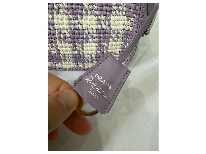 Prada Re-Edition 2005 Raffia-Tasche Karo-Muster Weiß Lila - Ansicht 6