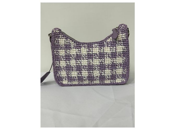 Prada Re-Edition 2005 Raffia-Tasche Karo-Muster Weiß Lila - Ansicht 7