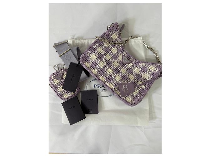 Prada Re-Edition 2005 Raffia-Tasche Karo-Muster Weiß Lila - Ansicht 8
