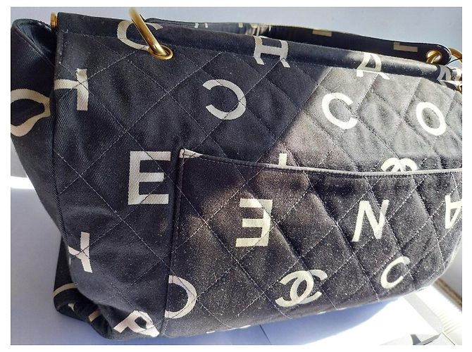 Chanel Logo Canvas Shopper Schwarz Weiß - Ansicht 2