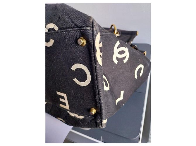 Chanel Logo Canvas Shopper Schwarz Weiß - Ansicht 7