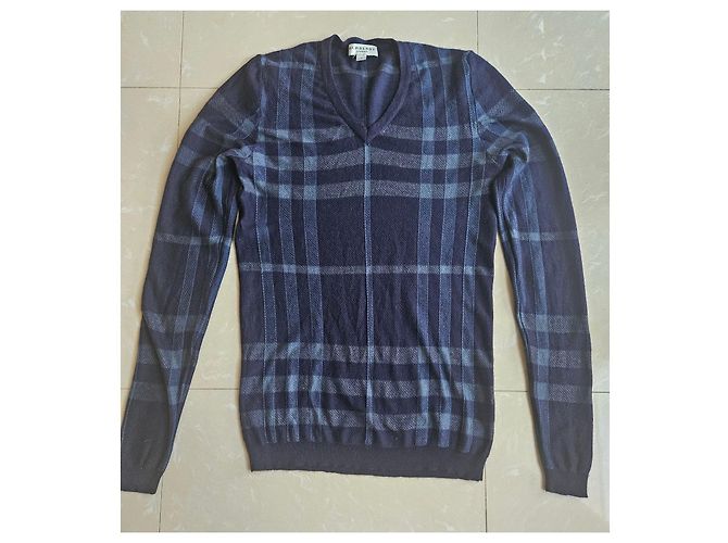 Burberry London V-Ausschnitt Wollpullover Karomuster Grau Dunkelblau - Ansicht 2