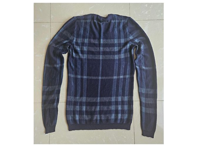 Burberry London V-Ausschnitt Wollpullover Karomuster Grau Dunkelblau - Ansicht 3