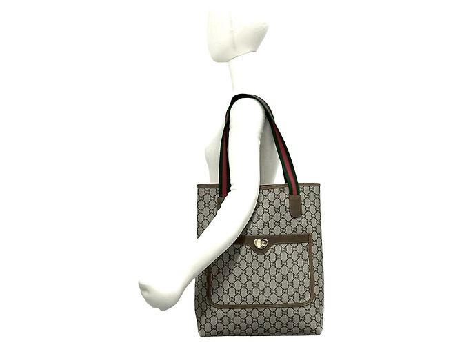 Gucci Old Sherry Line GG Muster Leder Tote Bag Braun Rot Grün - Ansicht 2