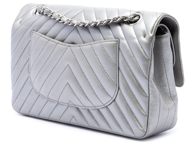Chanel Argento Medium Classic Chevron Metallico Caviar Double Flap - vista 2