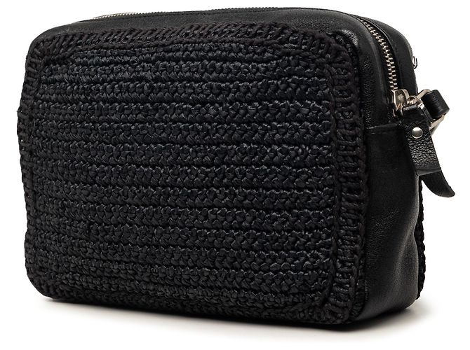 Borsa Camera Lou in rafia intrecciata e pelle nera Saint Laurent Nero - vista 2