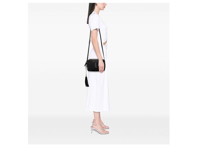 Borsa Camera Lou in rafia intrecciata e pelle nera Saint Laurent Nero - vista 8