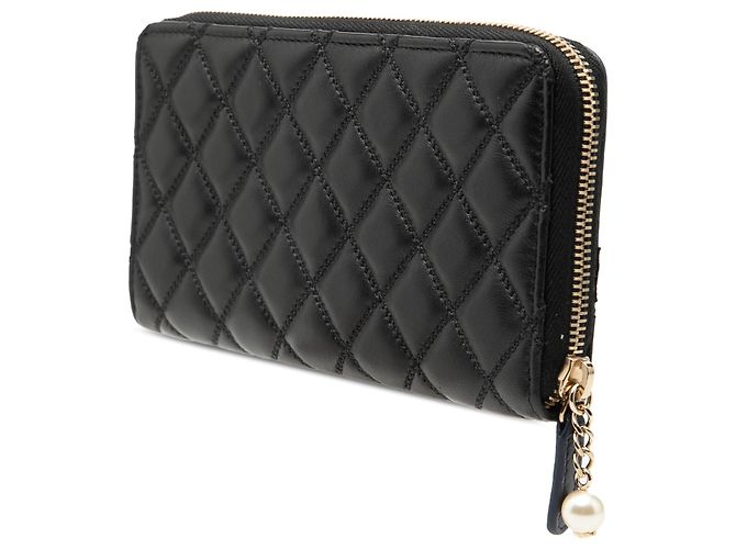 Chanel Long Wallet Black Bicolor aus gestepptem Lammleder mit Kunstperlenband - Ansicht 2