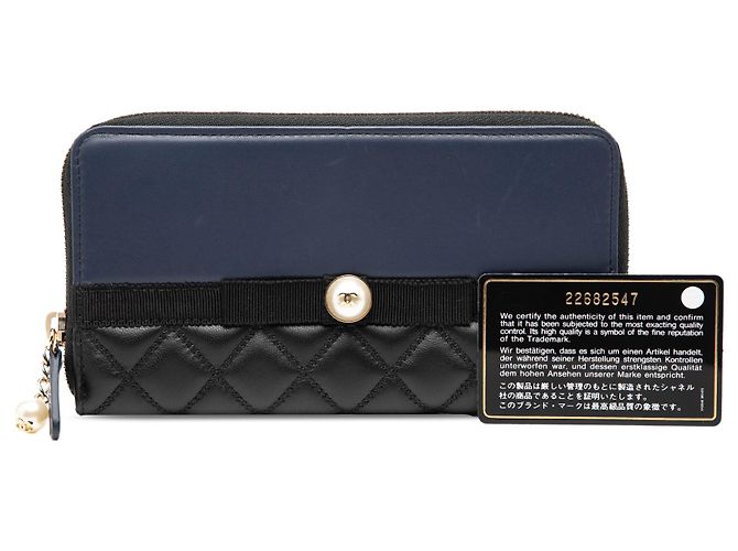 Chanel Long Wallet Black Bicolor aus gestepptem Lammleder mit Kunstperlenband - Ansicht 8