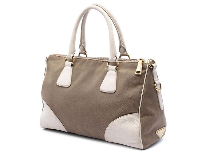 Borsa satchel Prada in tela Canapa marrone con finiture in Vitello Daino Marrone chiaro - vista 2