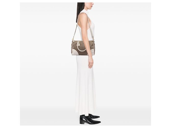 Borsa satchel Prada in tela Canapa marrone con finiture in Vitello Daino Marrone chiaro - vista 6