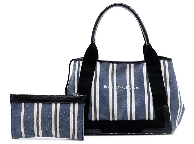 Balenciaga Canvas gestreifter Cabas Navy Blau S - Ansicht 7