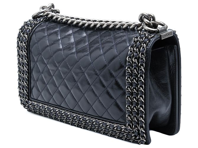 Chanel Blue Old Medium Quilted Glazed Calfskin Chain Around Boy Flap Blu navy - vista 2