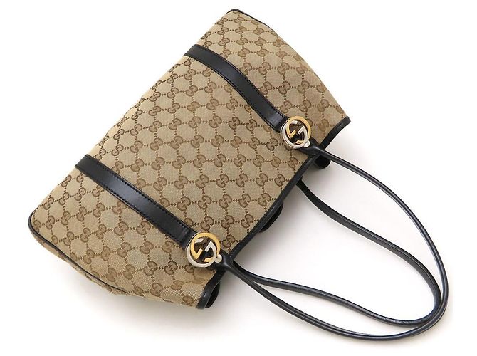 Borsa tote Gucci in tela GG e pelle Nero Beige - vista 5