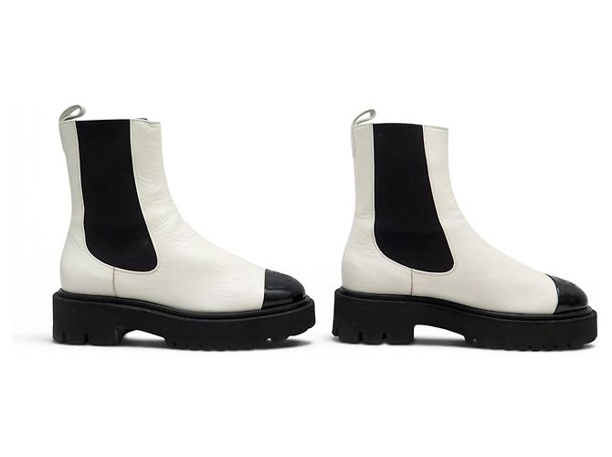NUOVE STIVALETTI CHANEL LOW BOOTS G38218 37 PELLE BIANCA & NERA LOGO CC SCATOLA E SACCHETTO - vista 3