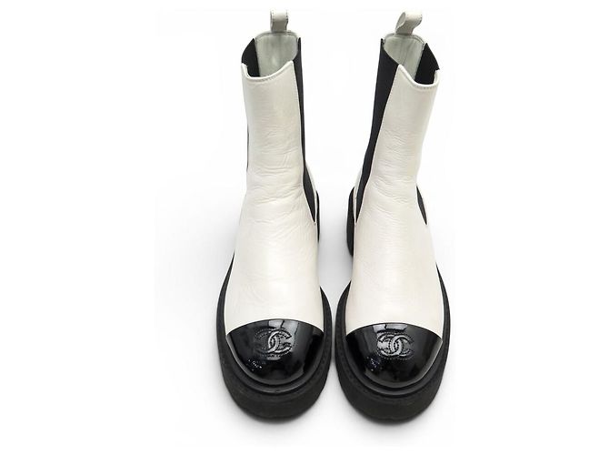 NUOVE STIVALETTI CHANEL LOW BOOTS G38218 37 PELLE BIANCA & NERA LOGO CC SCATOLA E SACCHETTO - vista 6