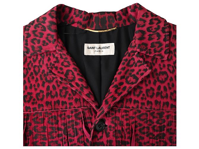 Jaqueta com franjas Saint Laurent em couro de cabra rosa com estampa de leopardo - vista 11