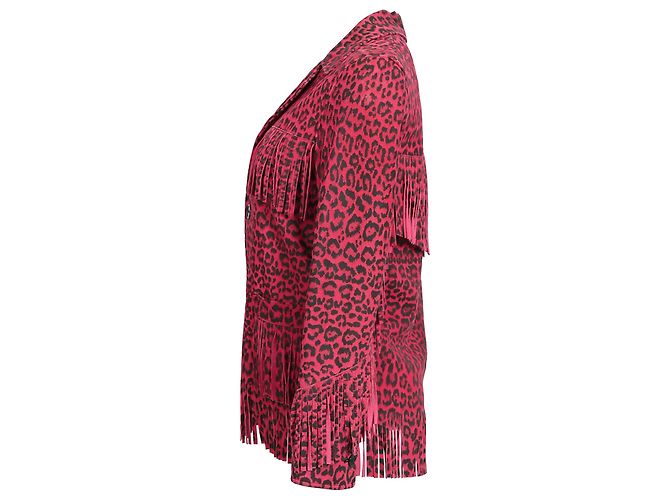 Jaqueta com franjas Saint Laurent em couro de cabra rosa com estampa de leopardo - vista 2