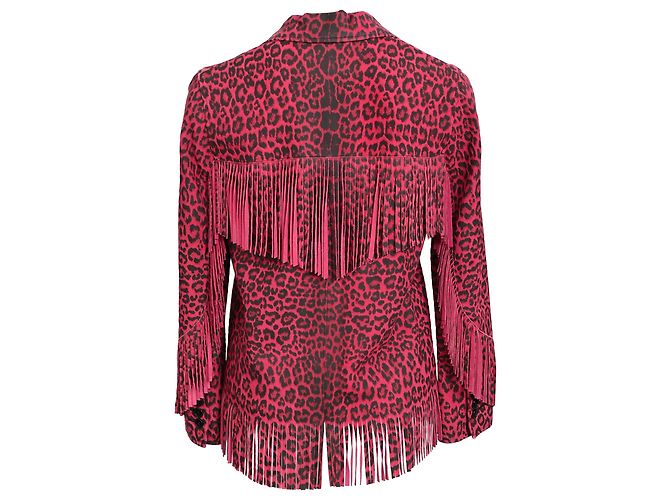 Jaqueta com franjas Saint Laurent em couro de cabra rosa com estampa de leopardo - vista 3