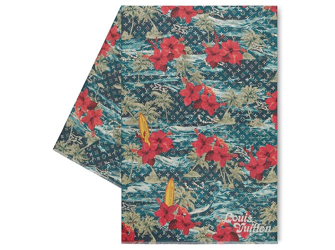 Louis Vuitton "Surf's Up" Baumwollschal Weiß Rot Blau Grün - Ansicht 2