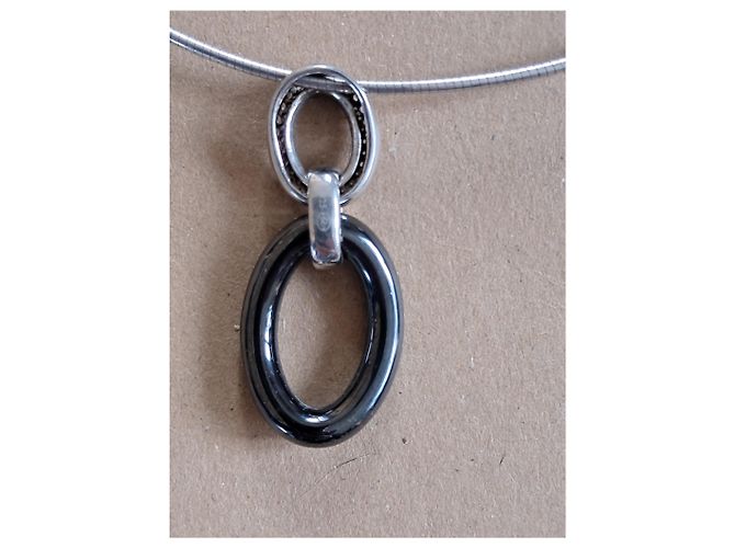 Autre Marque Collana con Pendente Doppio Anello in Ceramica Nera e Diamanti Nero Argento - vista 4