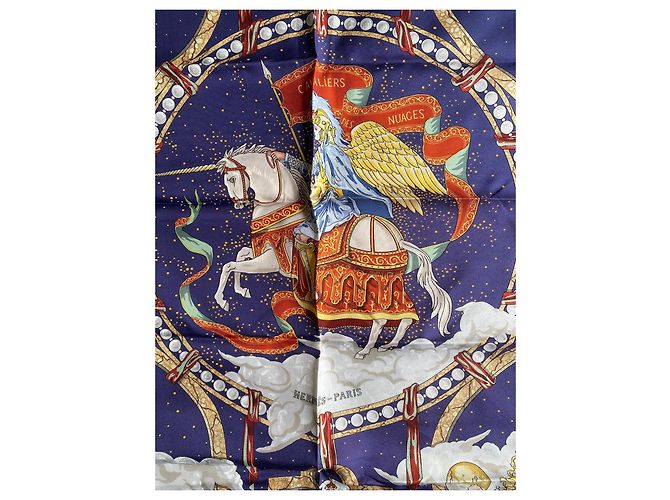 Foulard Hermès Cavaliers des Nuages 90cm Bianco Rosso Blu Gold hardware - vista 2