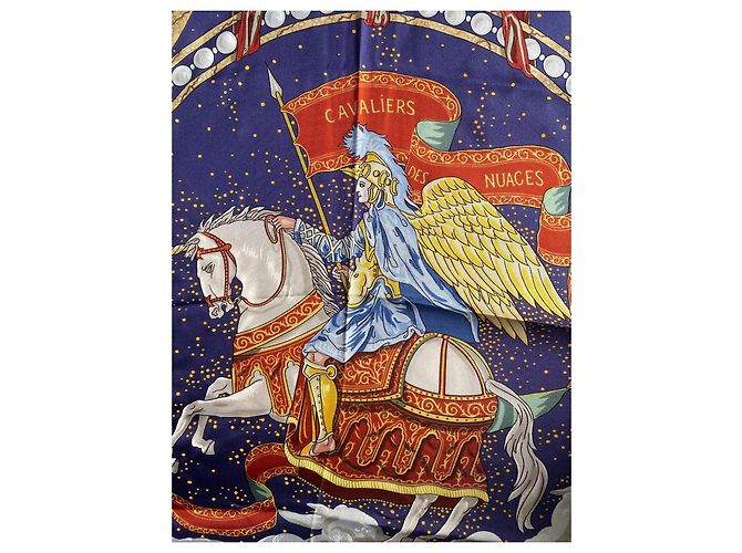 Foulard Hermès Cavaliers des Nuages 90cm Bianco Rosso Blu Gold hardware - vista 4