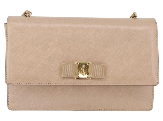 Borsa a Spalla Salvatore Ferragamo Vala Chain in Pelle Oro Beige Auth BA13006 D'oro - view 2