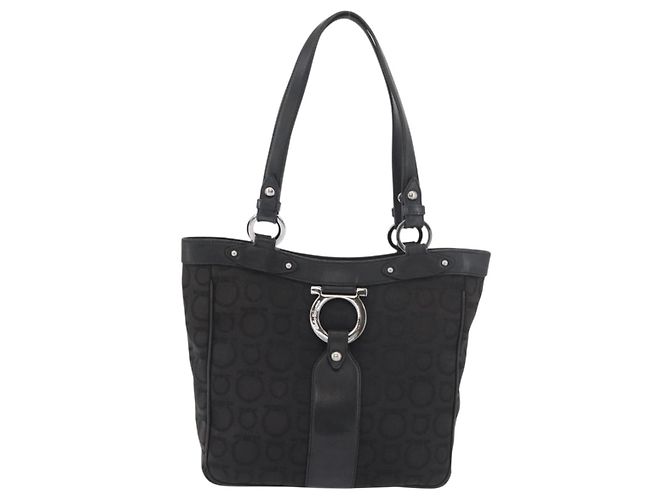 Salvatore Ferragamo Gancini Tote Bag Canvas Schwarz Silber Auth BA12719 - Ansicht 2