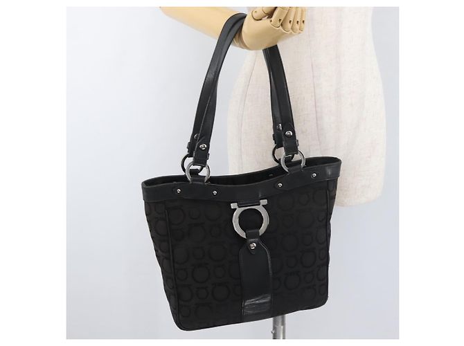 Salvatore Ferragamo Gancini Tote Bag Canvas Schwarz Silber Auth BA12719 - Ansicht 23