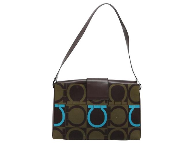 Borsa Salvatore Ferragamo Gancini in tessuti in maglia marrone argento Auth BA12720 - vista 3