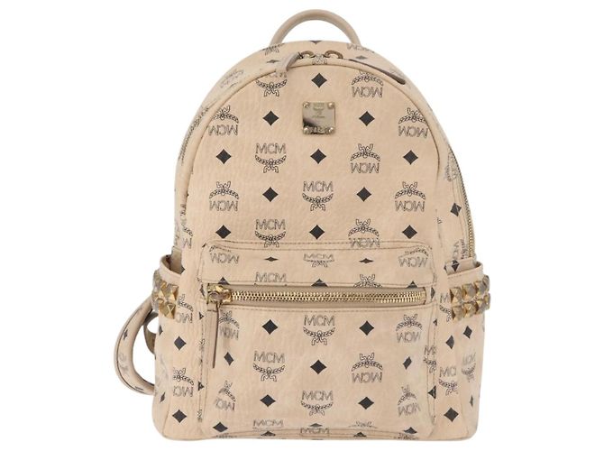 Mochila MCM Vicetos Logogram PVC Leather Ivory Gold Auth 179462 Dourado Cru - vista 2