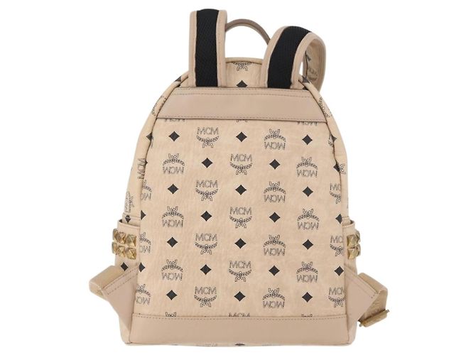 Mochila MCM Vicetos Logogram PVC Leather Ivory Gold Auth 179462 Dourado Cru - vista 3