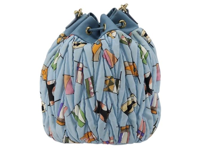 Borsa a Spalla Miu Miu Matelassé Nylon Azzurro Oro Auth 180284A D'oro Blu chiaro - vista 2
