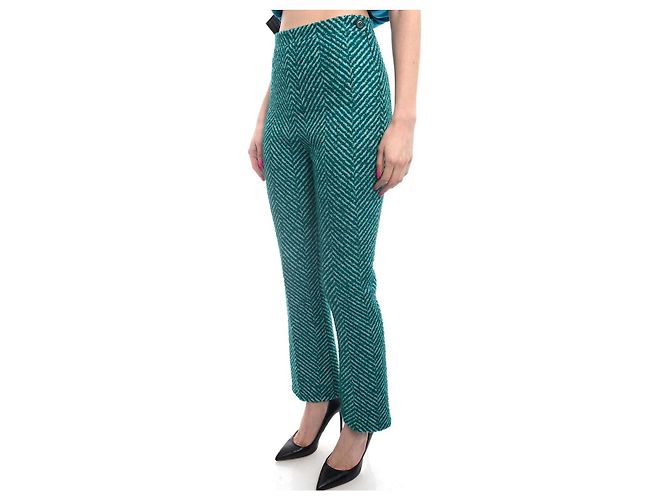 Prada Black & Teal Herringbone Wool Blend Trousers Light green - view 6