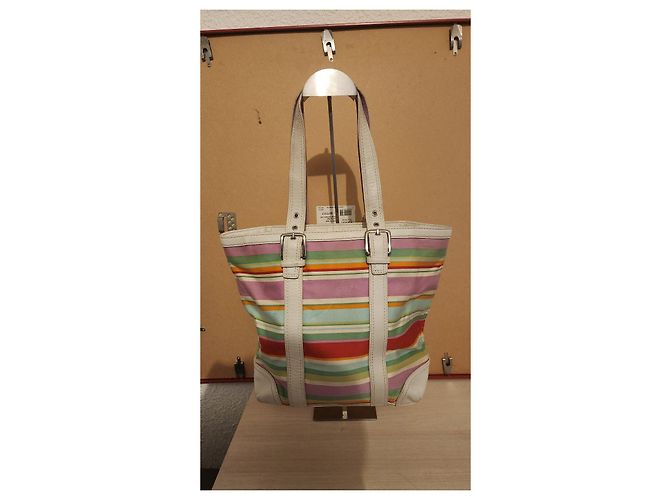 Coach gestreifte Canvas- und Leder-Shopper Pink Weiß Rot Mehrfarben Beige Grün Orange - Ansicht 2
