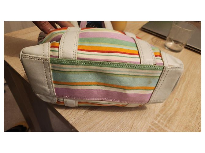 Coach gestreifte Canvas- und Leder-Shopper Pink Weiß Rot Mehrfarben Beige Grün Orange - Ansicht 4