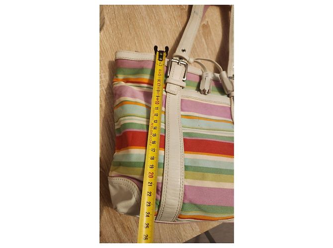 Coach gestreifte Canvas- und Leder-Shopper Pink Weiß Rot Mehrfarben Beige Grün Orange - Ansicht 5