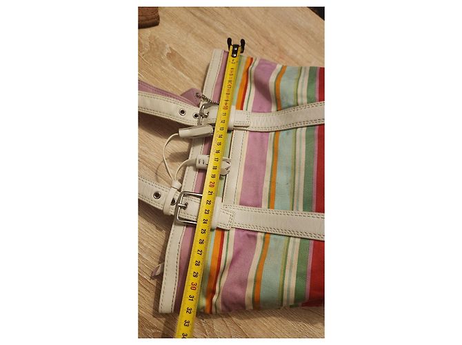 Coach gestreifte Canvas- und Leder-Shopper Pink Weiß Rot Mehrfarben Beige Grün Orange - Ansicht 7