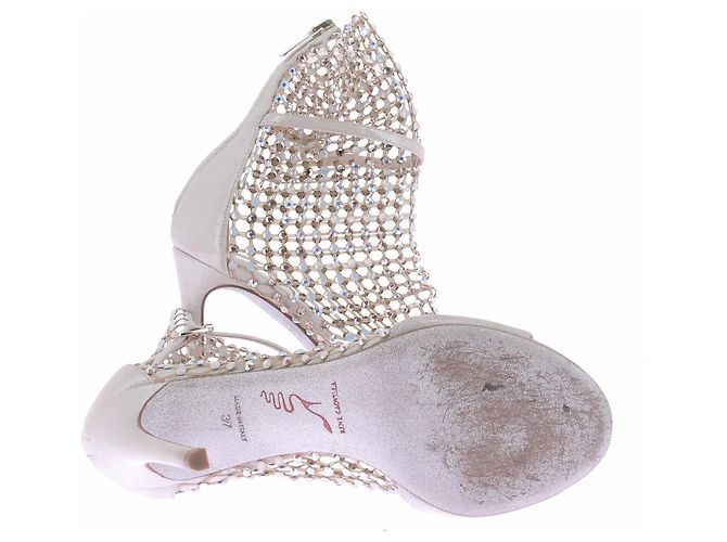 Sandali con tacco Rene Caovilla in raso argento con cristalli - vista 6