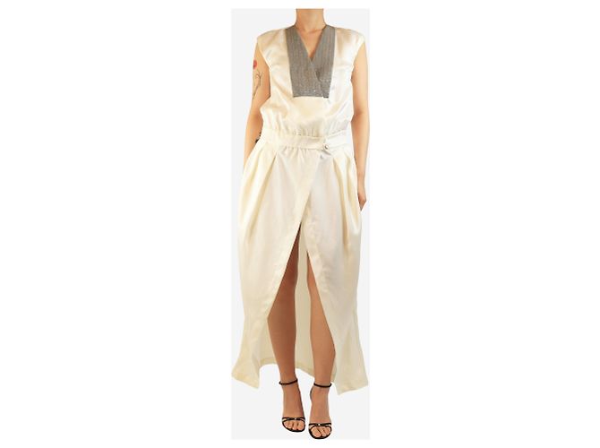 Brunello Cucinelli Abito maxi con scollo a V e dettagli monili - Crema - taglia S Crudo - vista 3
