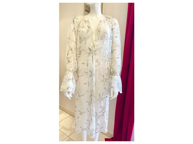 Antik Batik Langes Weißes Spitzenkleid Perlen Pailletten Aus weiß - Ansicht 2