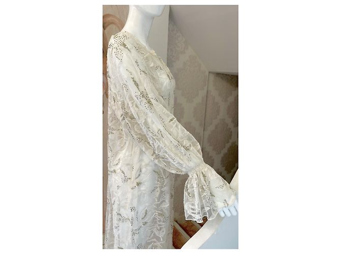 Antik Batik Langes Weißes Spitzenkleid Perlen Pailletten Aus weiß - Ansicht 3