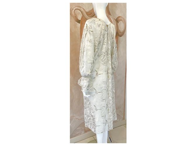 Antik Batik Langes Weißes Spitzenkleid Perlen Pailletten Aus weiß - Ansicht 4