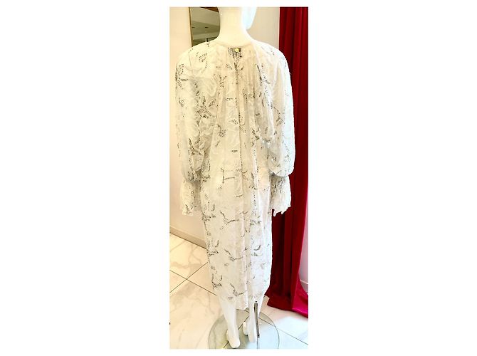 Antik Batik Langes Weißes Spitzenkleid Perlen Pailletten Aus weiß - Ansicht 5