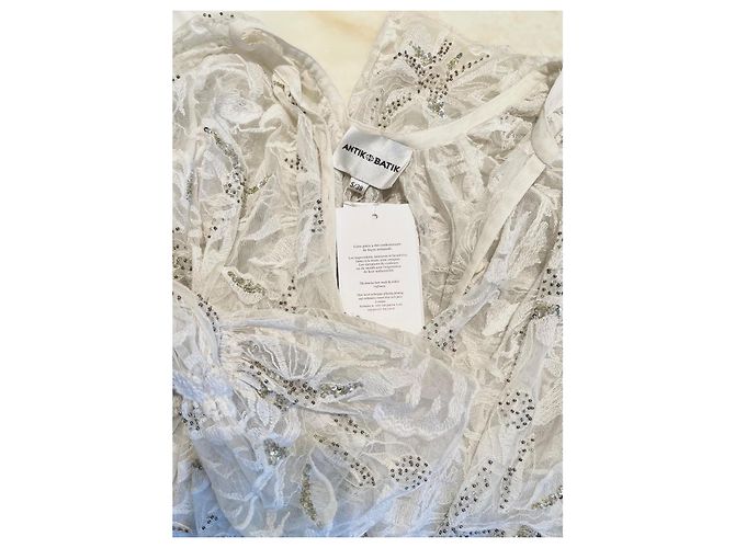 Antik Batik Langes Weißes Spitzenkleid Perlen Pailletten Aus weiß - Ansicht 6