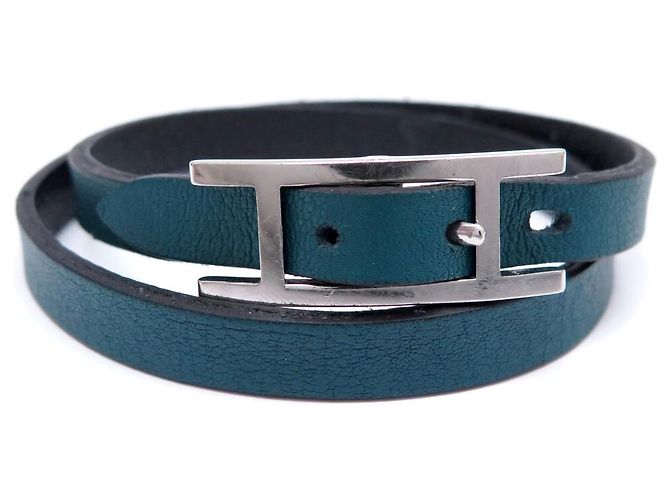 Hermès BRACELET HERMES BEHAPI DOUBLE TOUR EN CUIR SWIFT BLEU EPSOM NOIR T16 BANGLE - vue 12